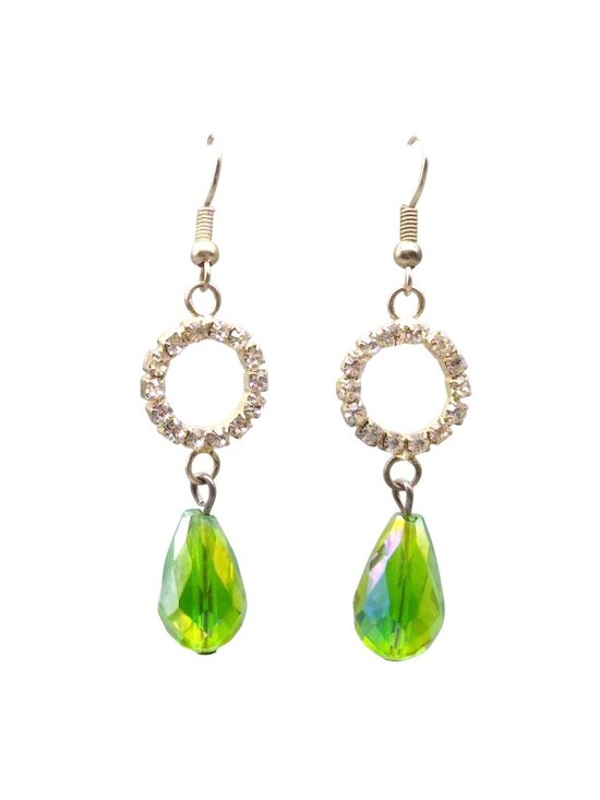 Jewelry - Green Teardrop Dangle Earrings, Vintage Clear Crystal Ring and Bright Faceted AB